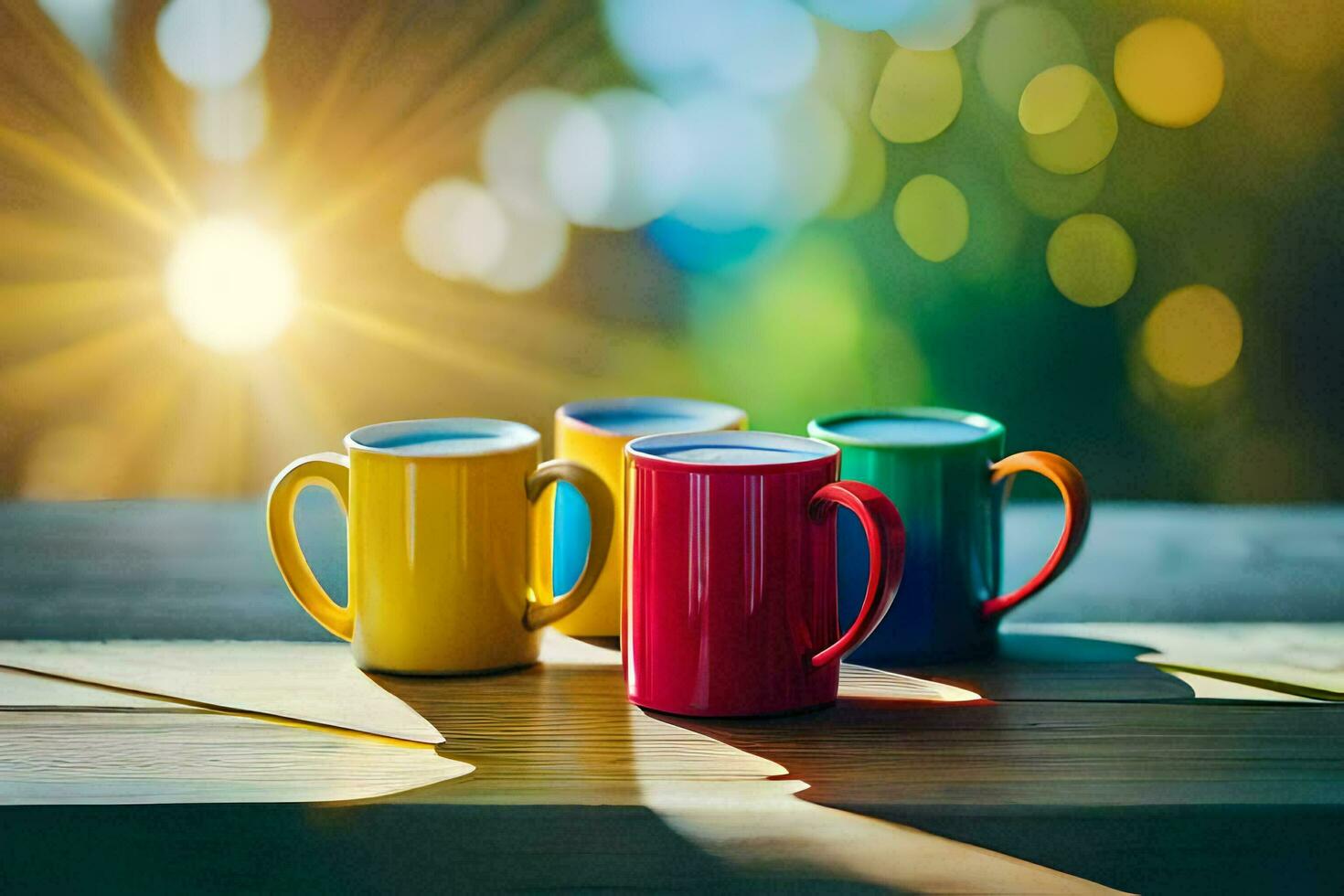 drie kleurrijk koffie cups Aan een houten tafel. ai-gegenereerd foto