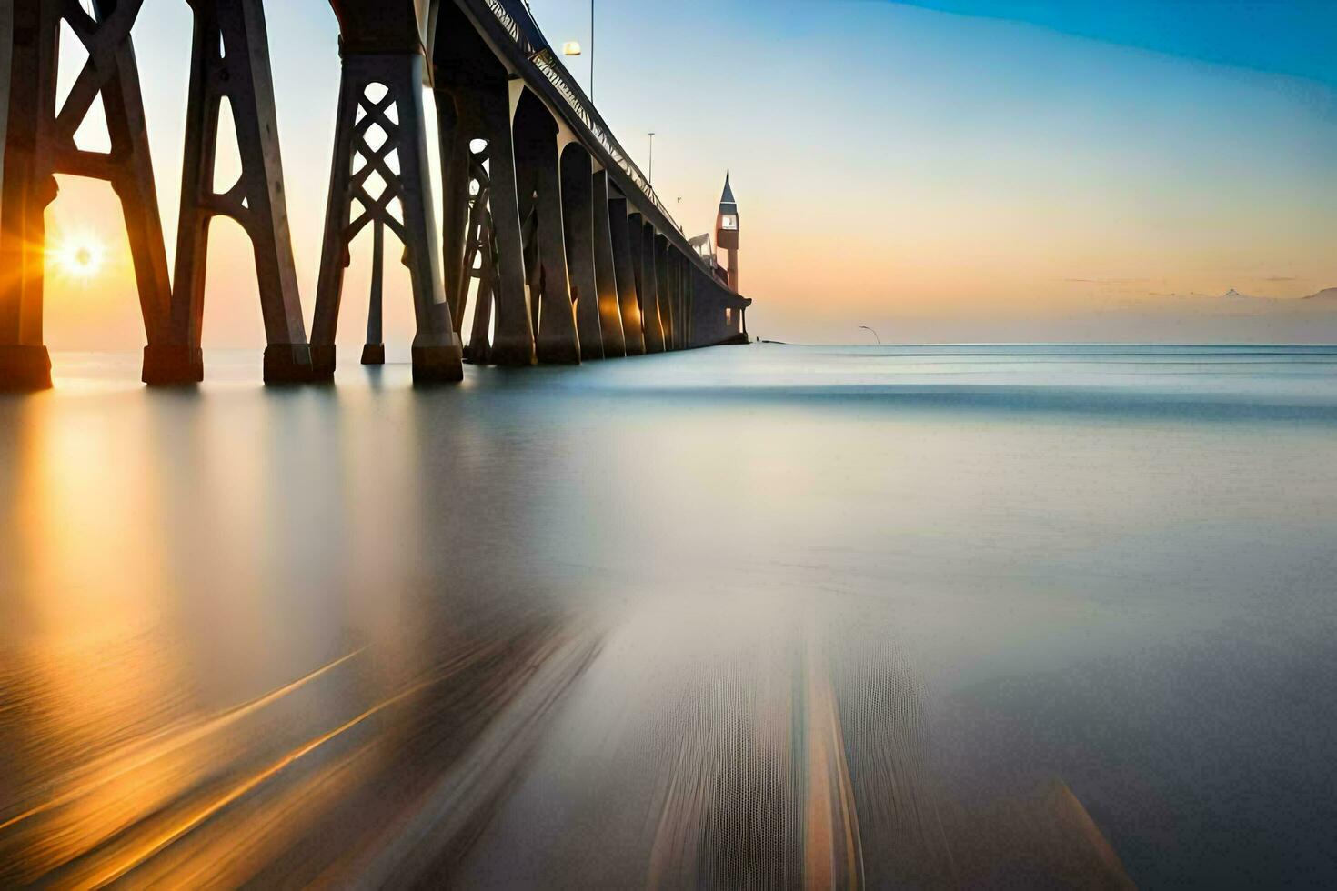 een lang blootstelling fotograaf van een brug Bij zonsondergang. ai-gegenereerd foto