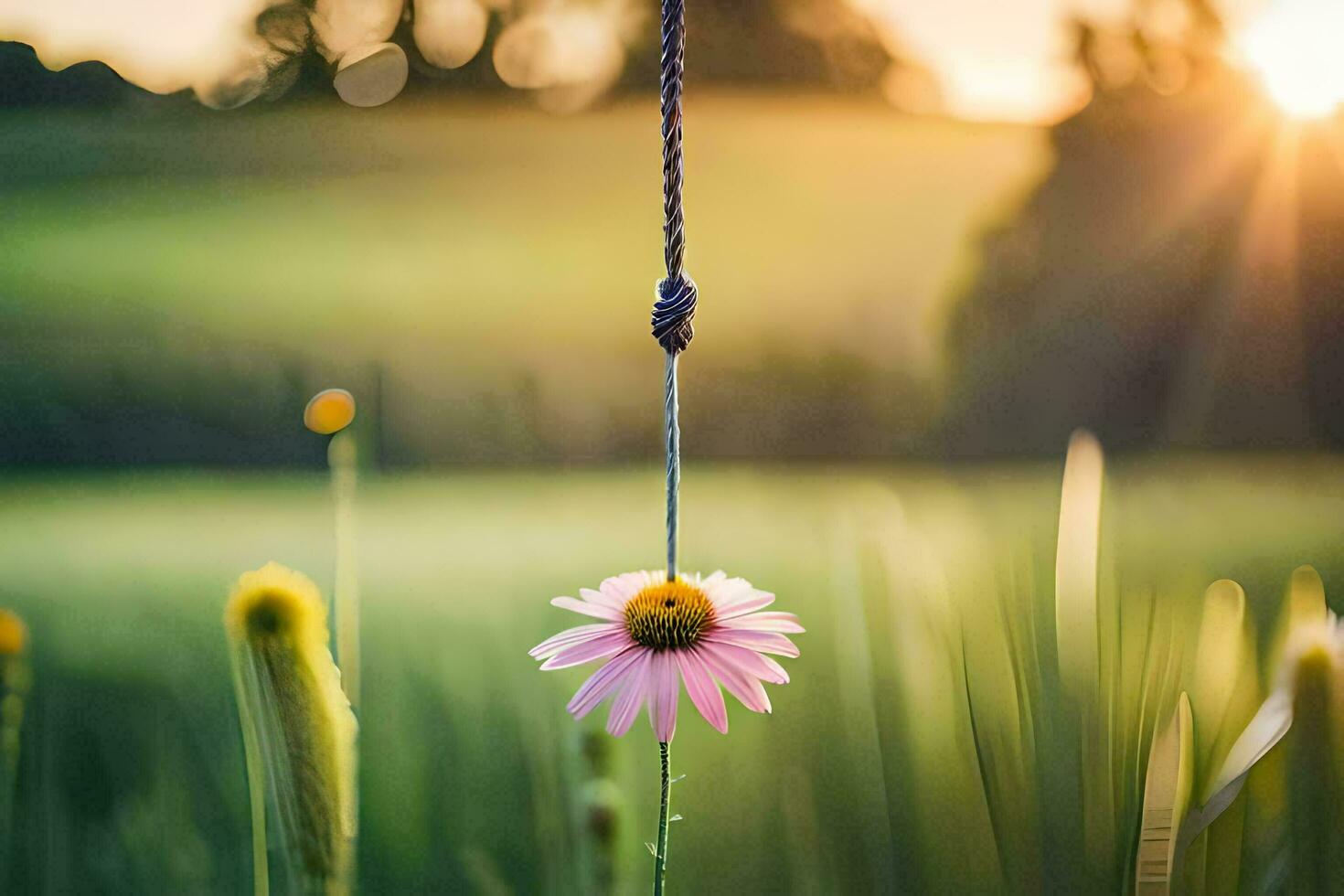 een roze bloem is hangende van een touw in een veld. ai-gegenereerd foto