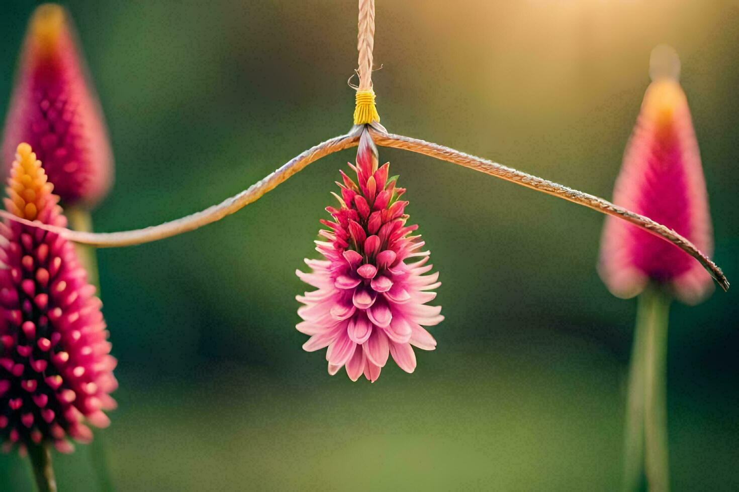 een roze bloem hangende van een snaar. ai-gegenereerd foto