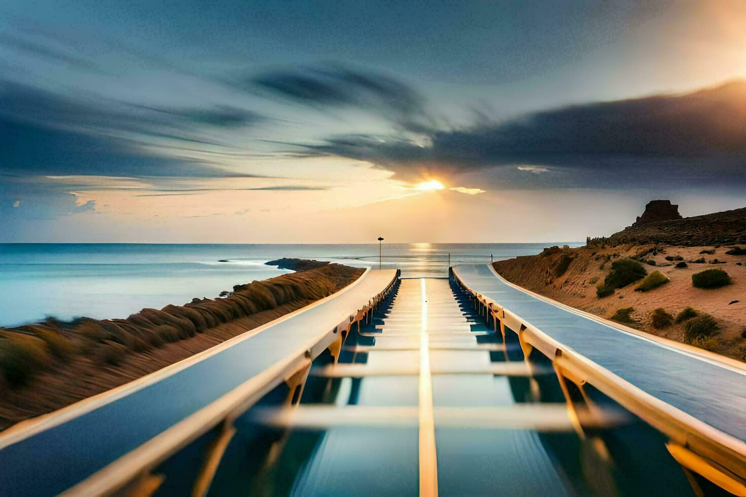 een lang blootstelling foto van een brug over- de oceaan. ai-gegenereerd