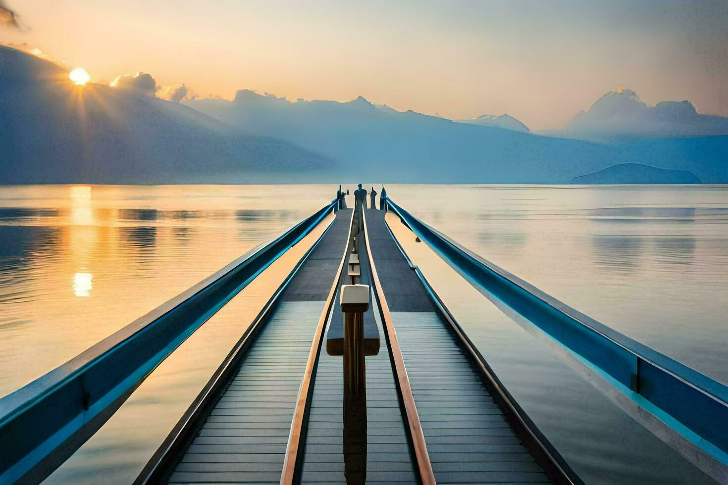 een lang pier met een brug leidend naar de water. ai-gegenereerd foto