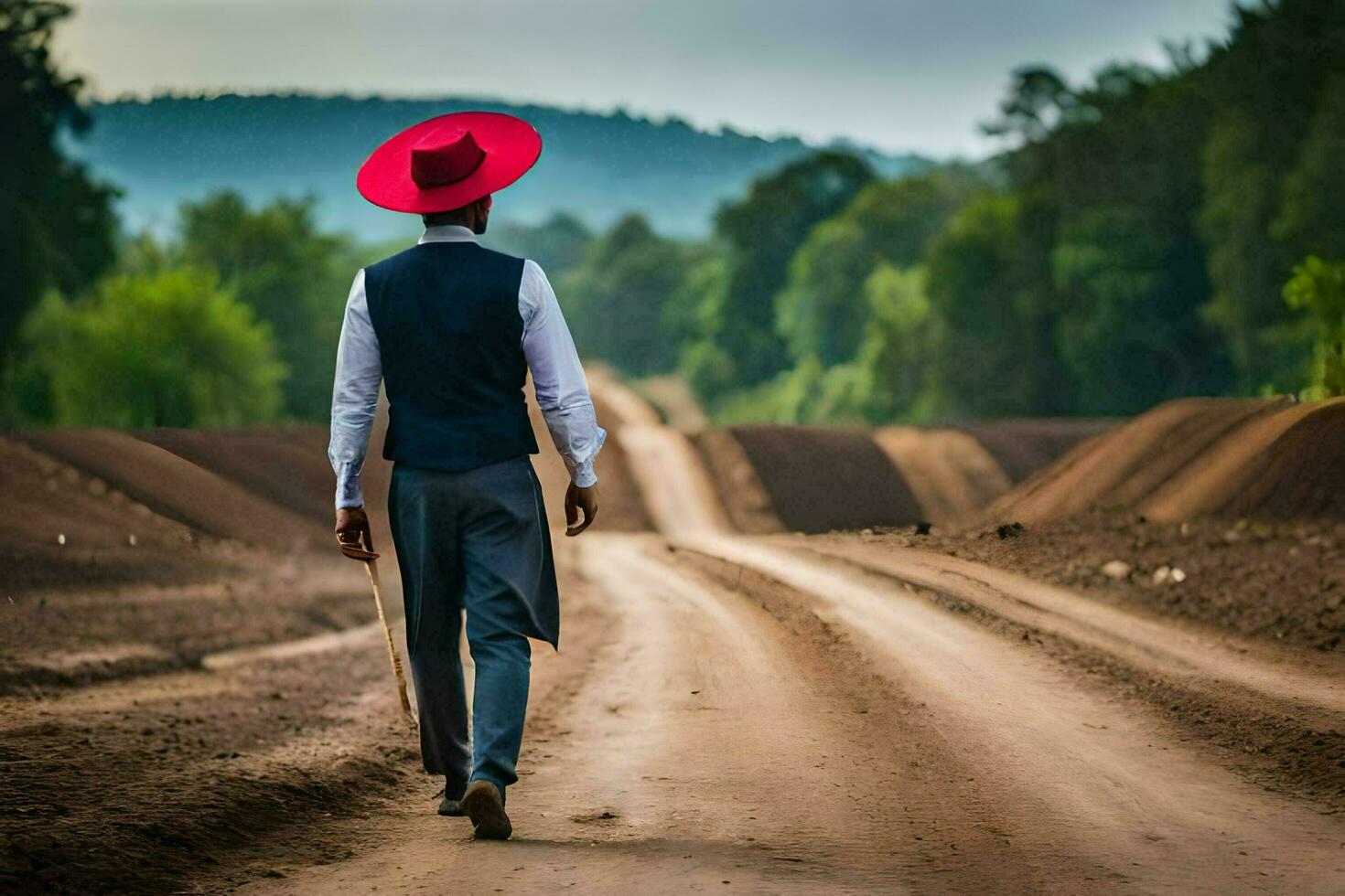 een Mens in een rood hoed wandelen naar beneden een aarde weg. ai-gegenereerd foto