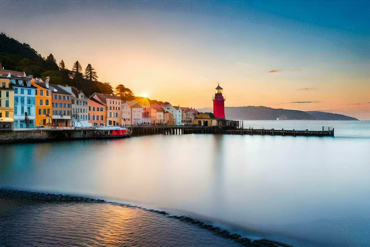 de zon sets over- een kleurrijk stad- Aan de oever. ai-gegenereerd foto