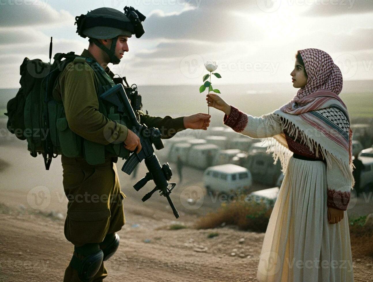 Palestijn vrouw aanbieden vrede bloem naar Israëlisch soldaat. generatief ai. foto