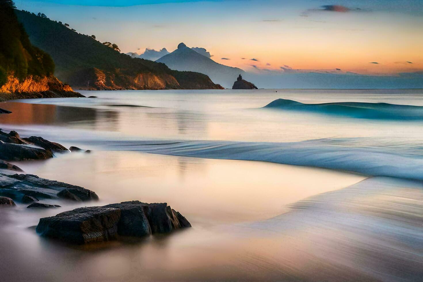 een lang blootstelling fotograaf van de oceaan Bij zonsondergang. ai-gegenereerd foto