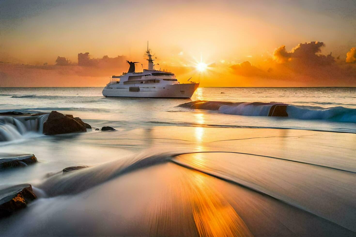 een jacht in de oceaan Bij zonsondergang. ai-gegenereerd foto