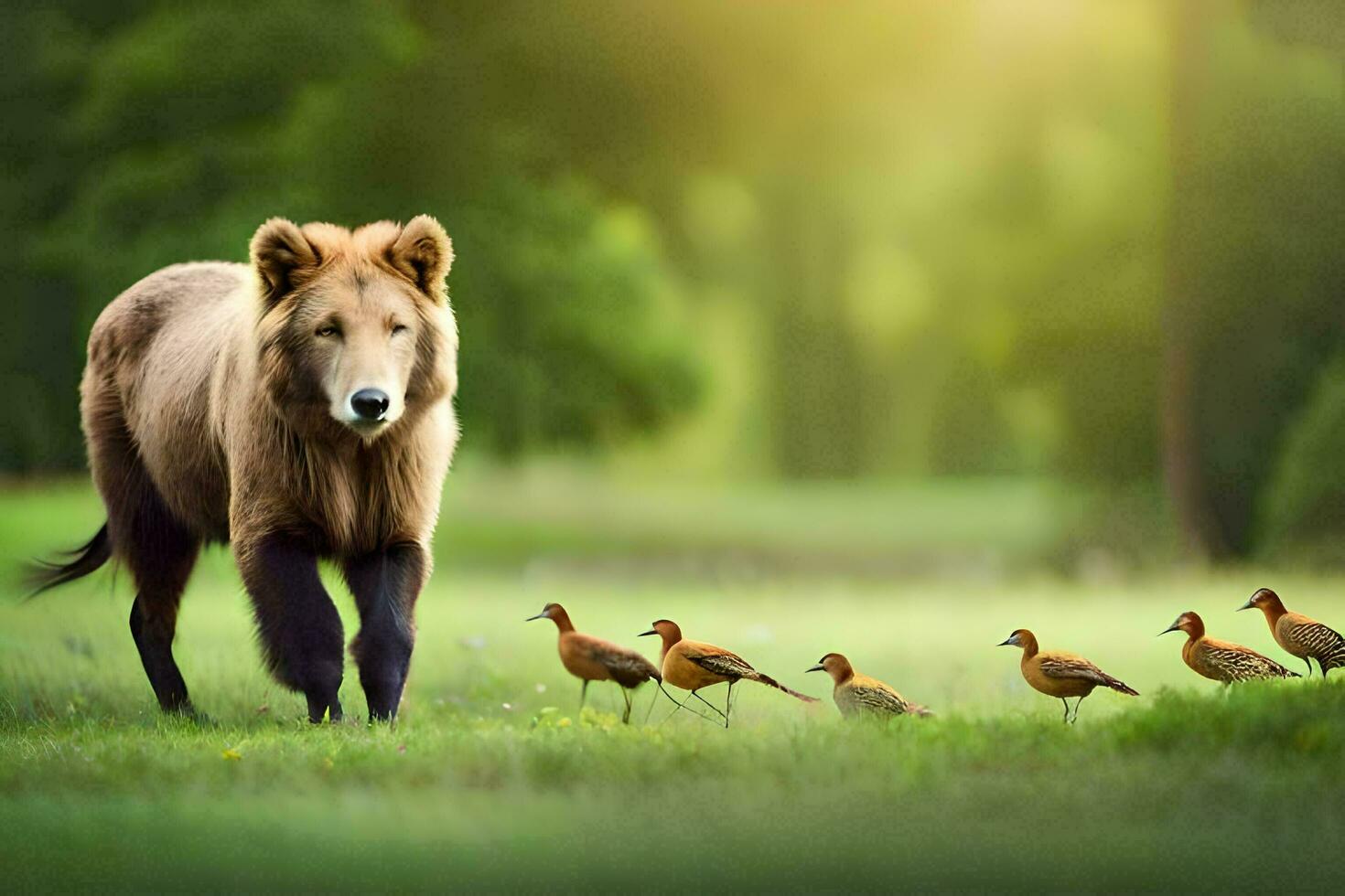 een bruin beer en sommige vogelstand in de gras. ai-gegenereerd foto