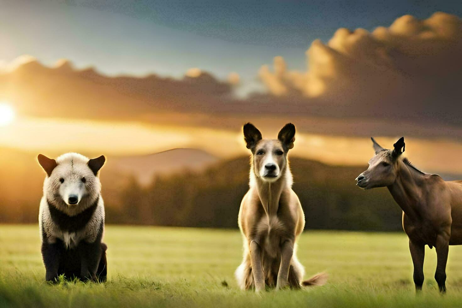 drie paarden en een hond staand in een veld. ai-gegenereerd foto