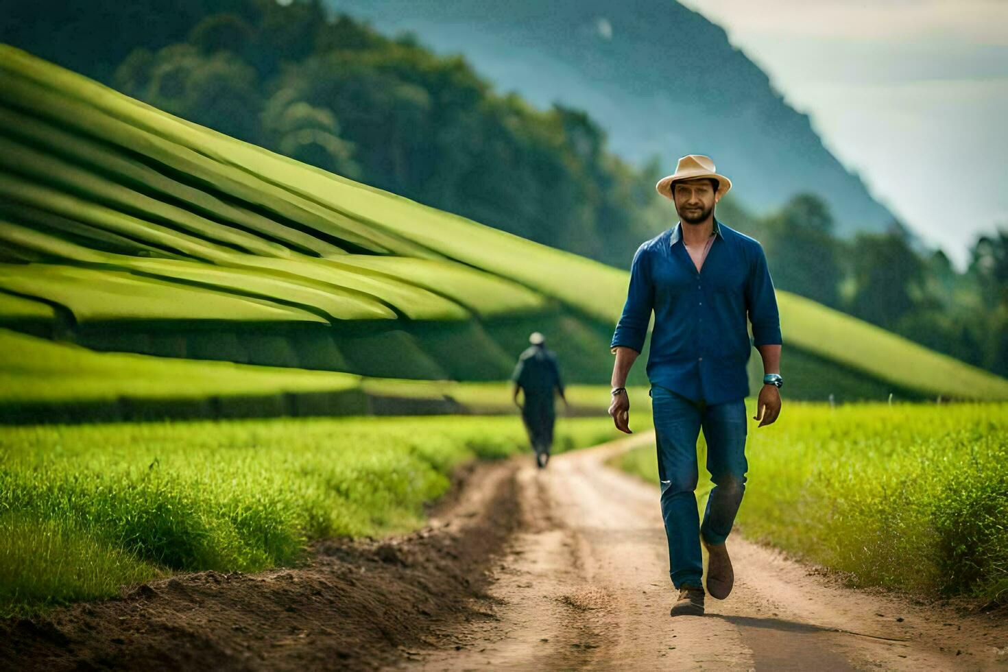 een Mens wandelen naar beneden een aarde weg in een rijst- veld. ai-gegenereerd foto