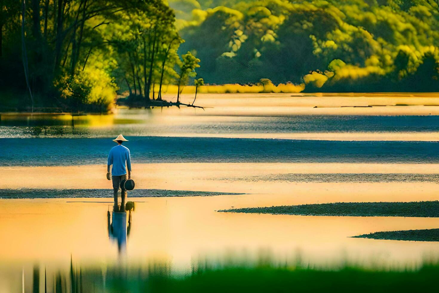 een Mens is wandelen aan de overkant een rivier- Bij zonsondergang. ai-gegenereerd foto