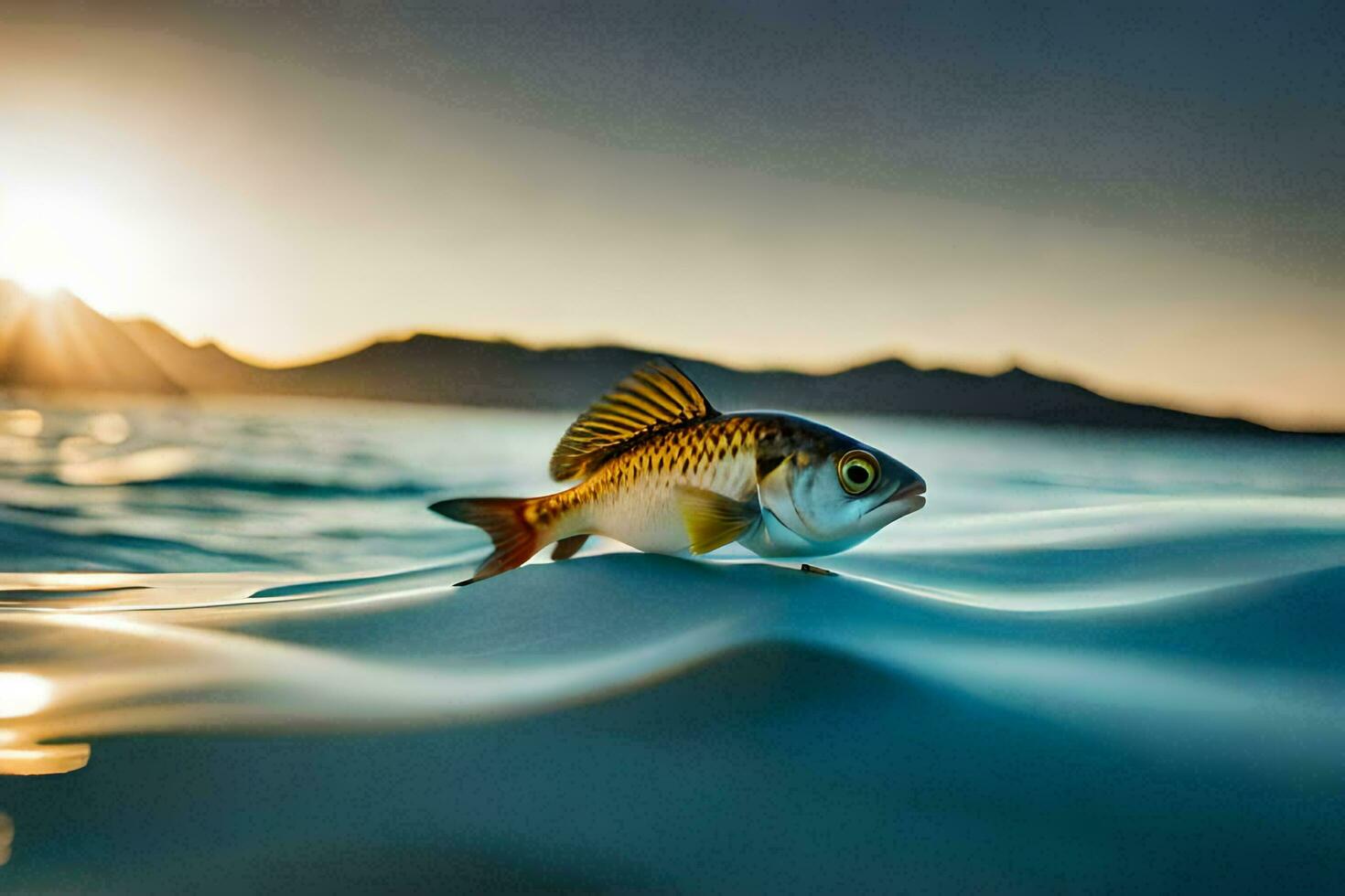 een vis zwemmen in de oceaan Bij zonsondergang. ai-gegenereerd foto