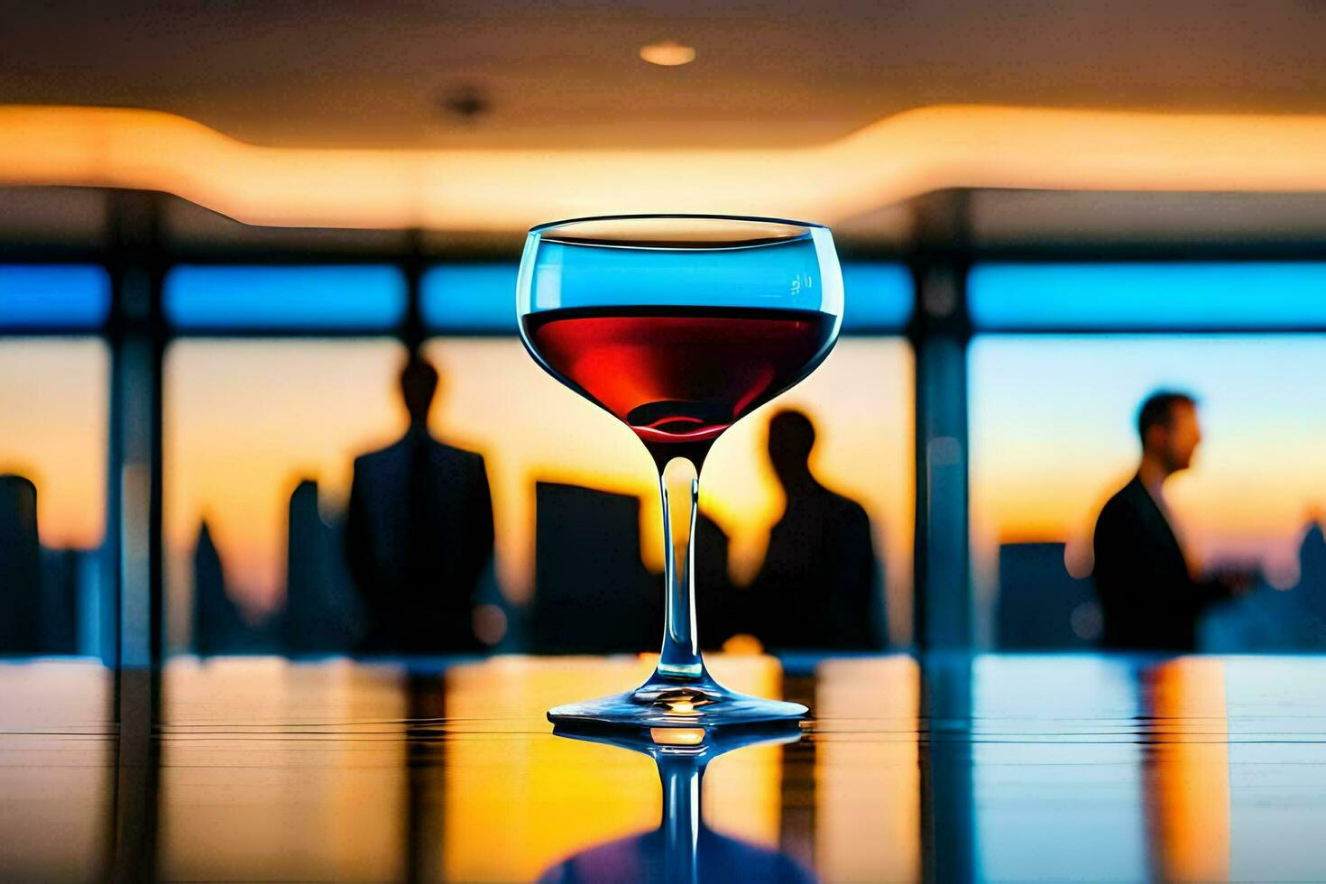 een glas van wijn Aan een tafel in voorkant van een groep van mensen. ai-gegenereerd foto