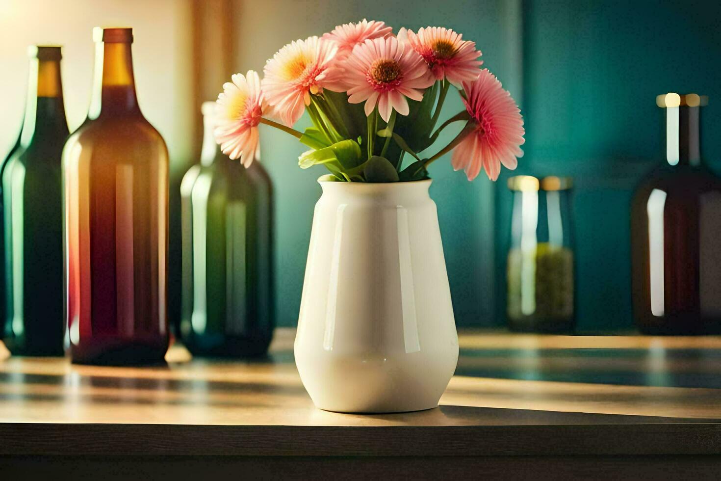 een vaas met roze bloemen zittend Aan een tafel. ai-gegenereerd foto