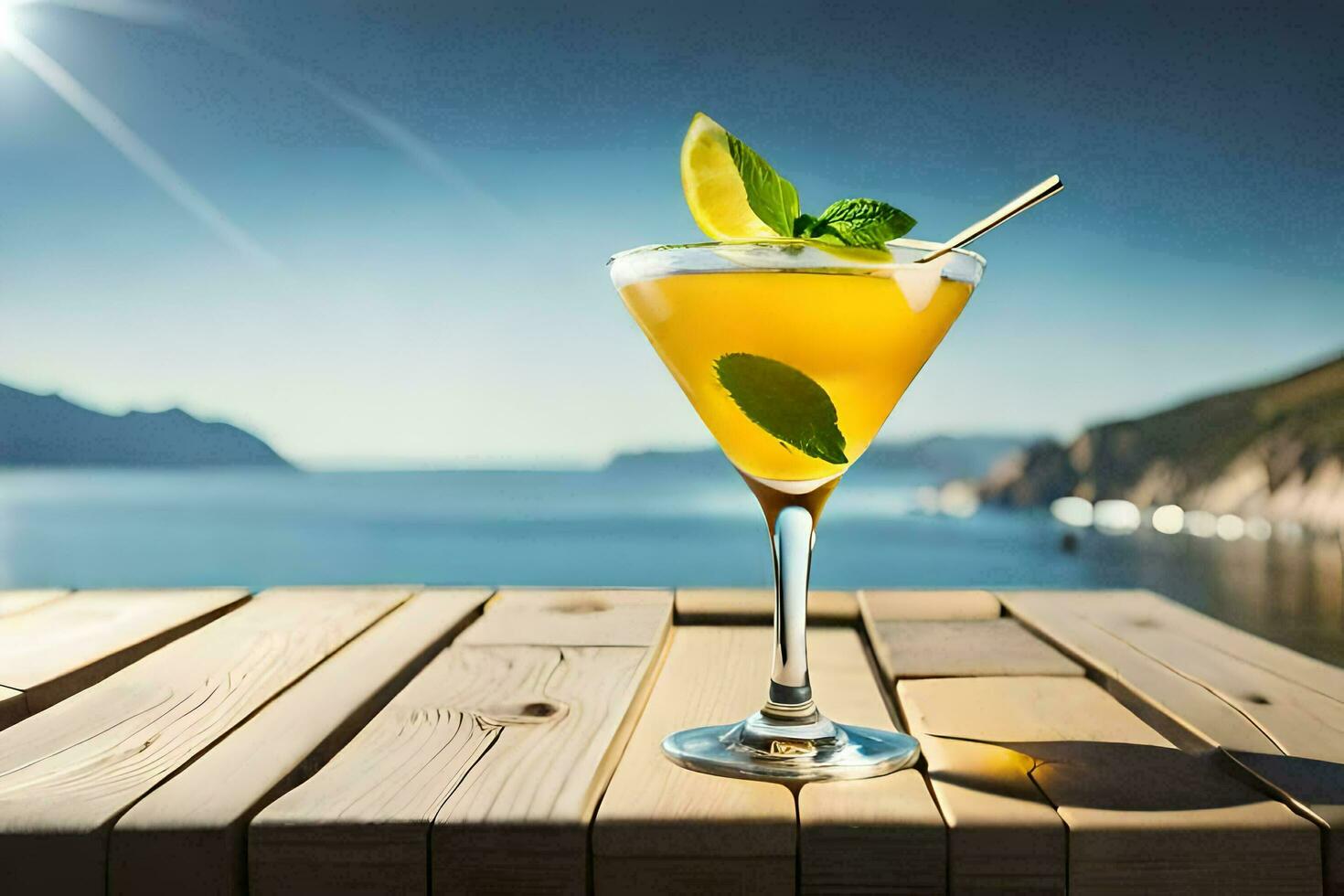 cocktail Aan een houten tafel met zee in de achtergrond. ai-gegenereerd foto