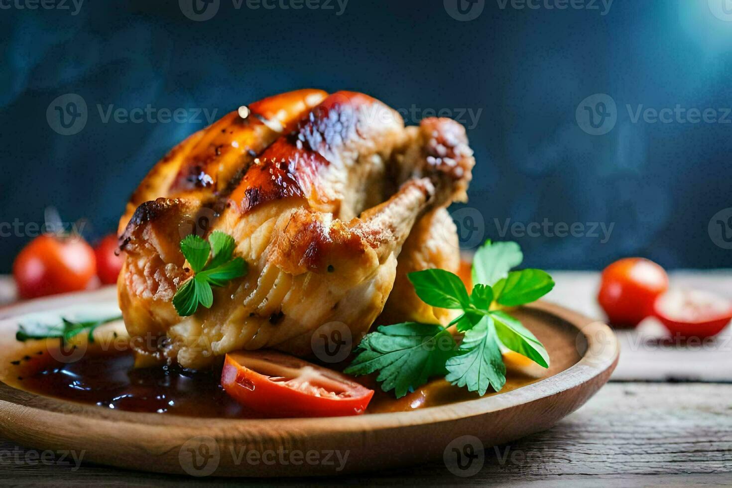 een kip is geserveerd Aan een houten bord met tomaten en kruiden. ai-gegenereerd foto