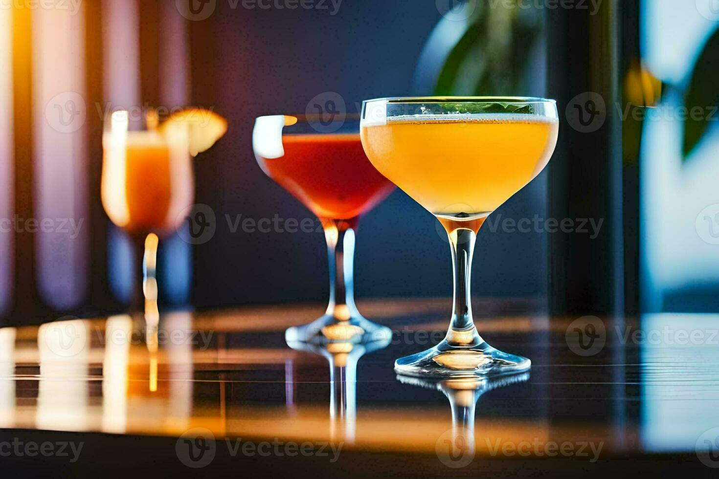 drie verschillend cocktails zitten Aan een tafel. ai-gegenereerd foto