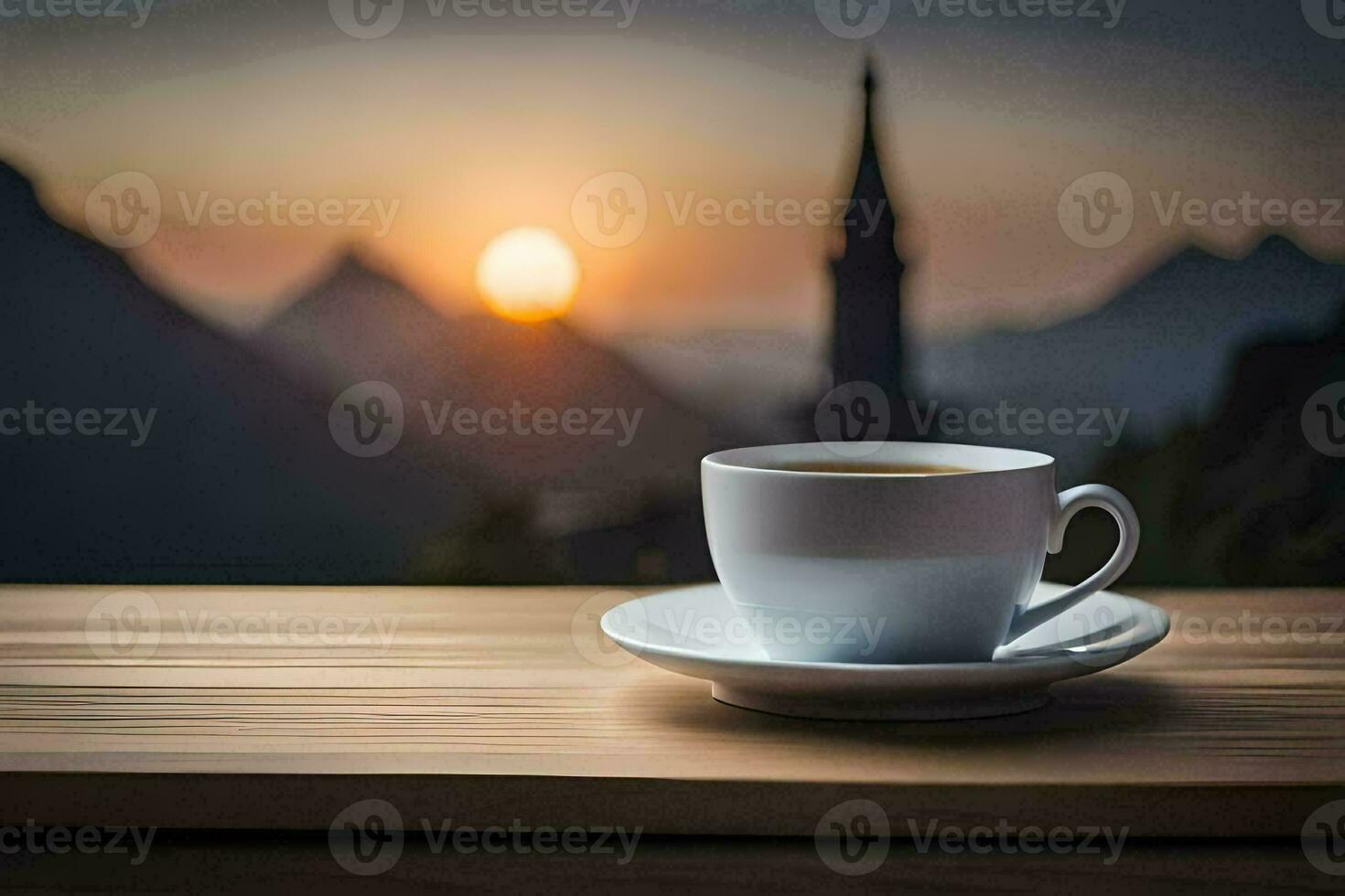 koffie kop Aan de tafel met de zon instelling in de achtergrond. ai-gegenereerd foto