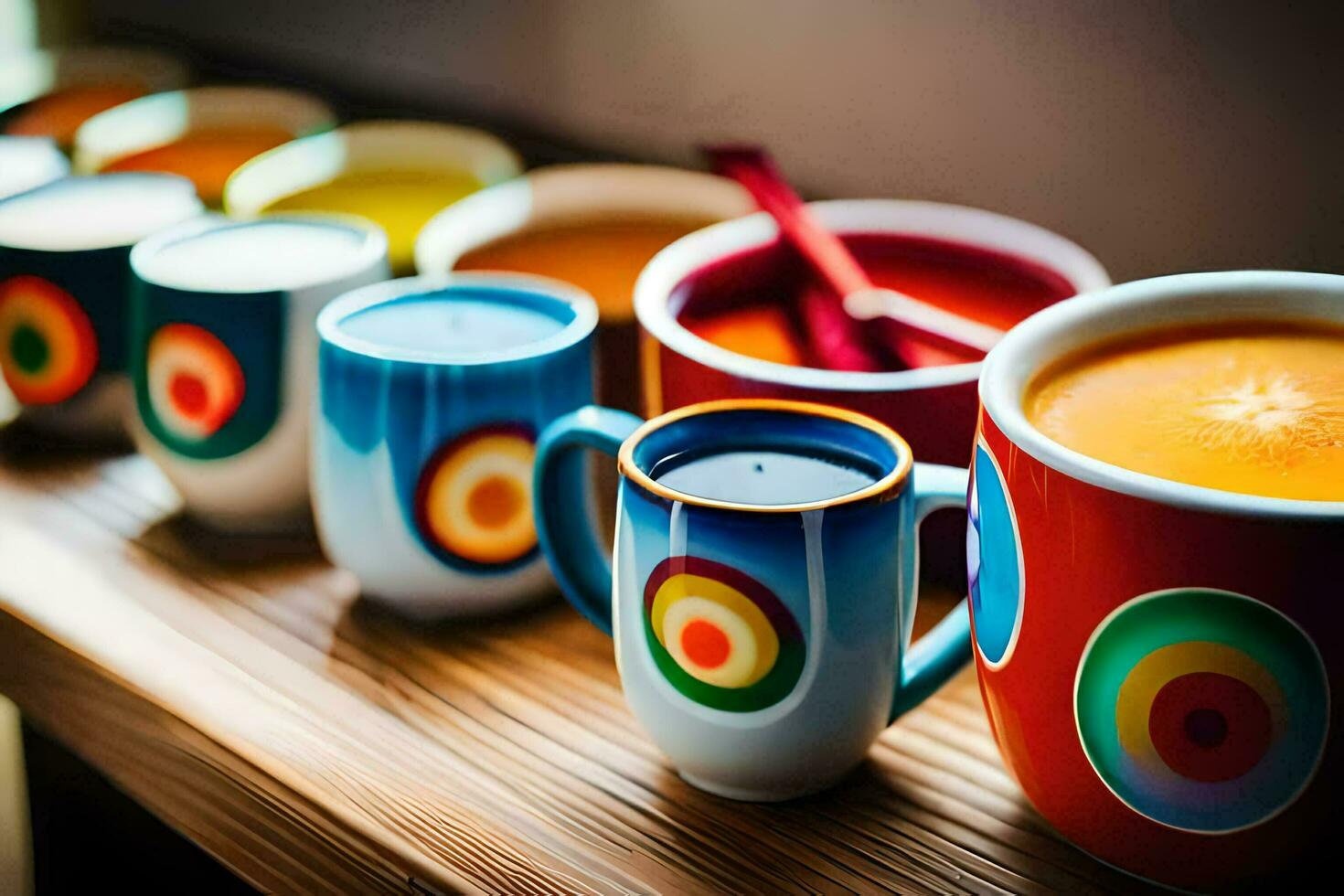 kleurrijk koffie cups bekleed omhoog Aan een tafel. ai-gegenereerd foto