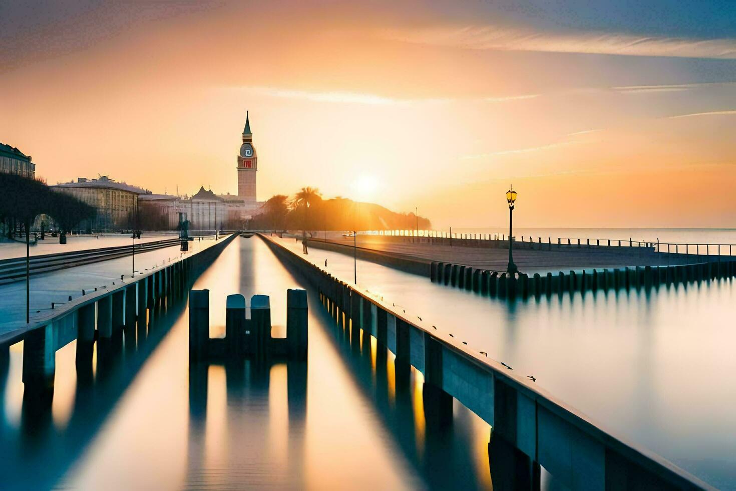 een pier met een klok toren in de achtergrond. ai-gegenereerd foto