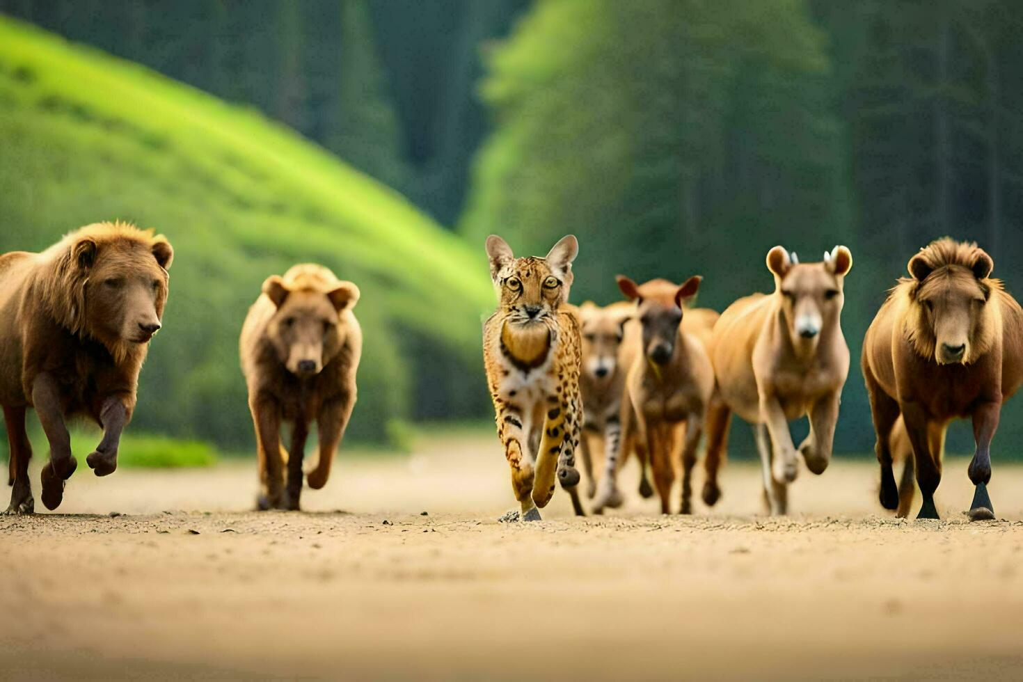 een groep van dieren rennen aan de overkant een aarde weg. ai-gegenereerd foto