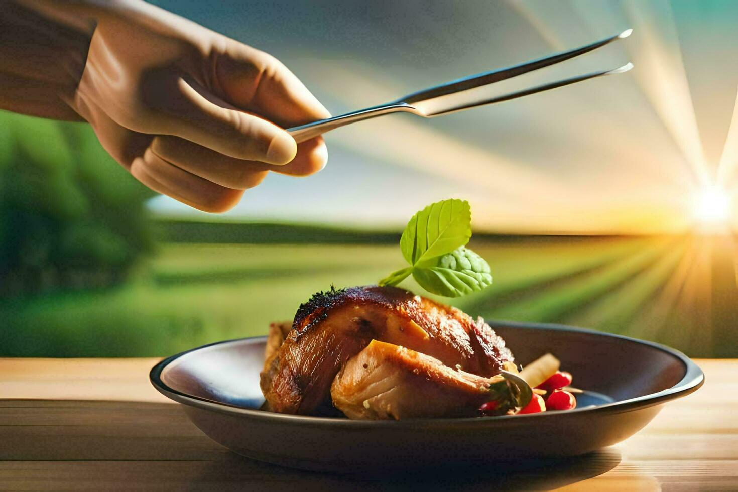 een hand- Holding een vork en mes over- een bord van voedsel. ai-gegenereerd foto