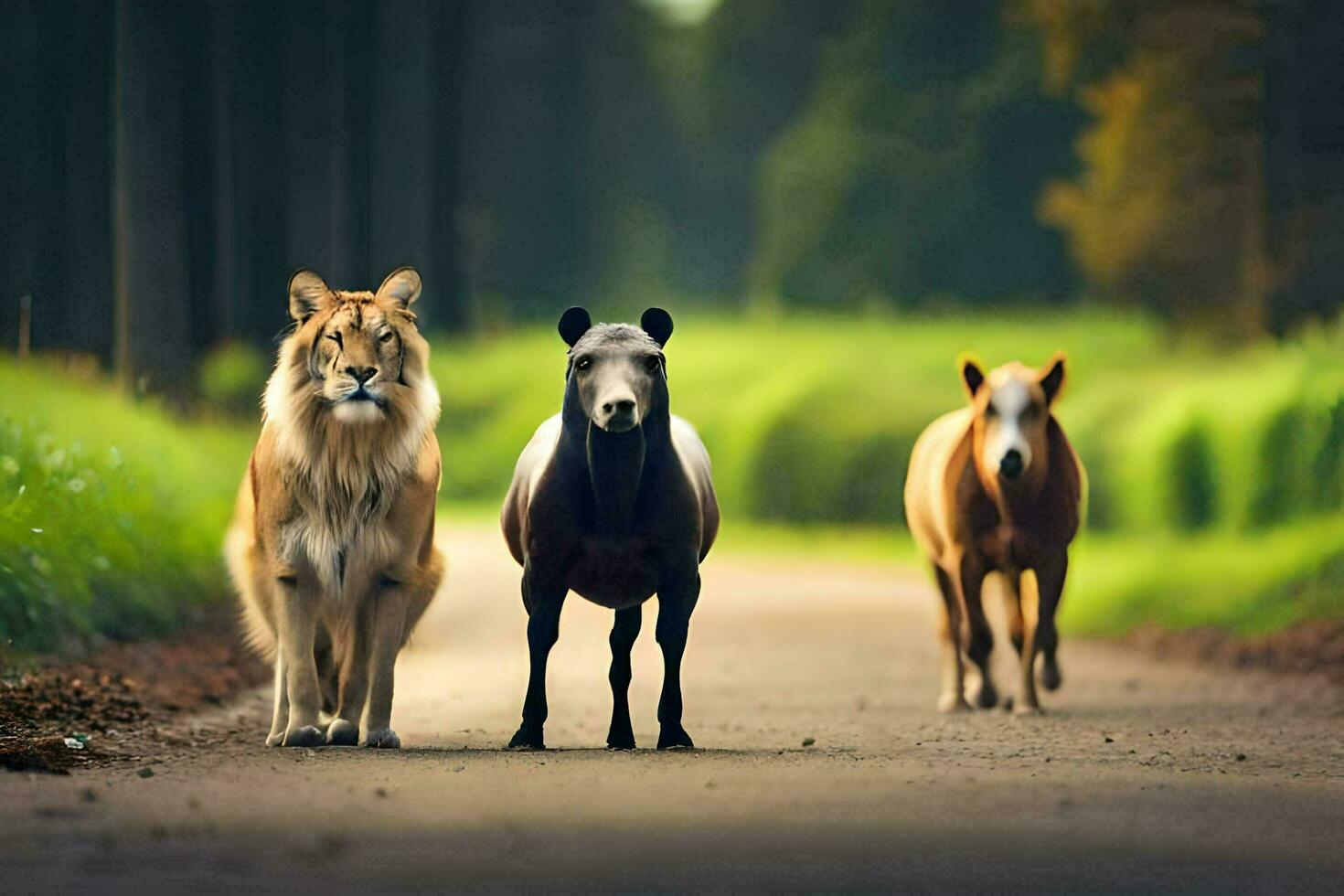 drie paarden en een leeuw wandelen naar beneden een weg. ai-gegenereerd foto