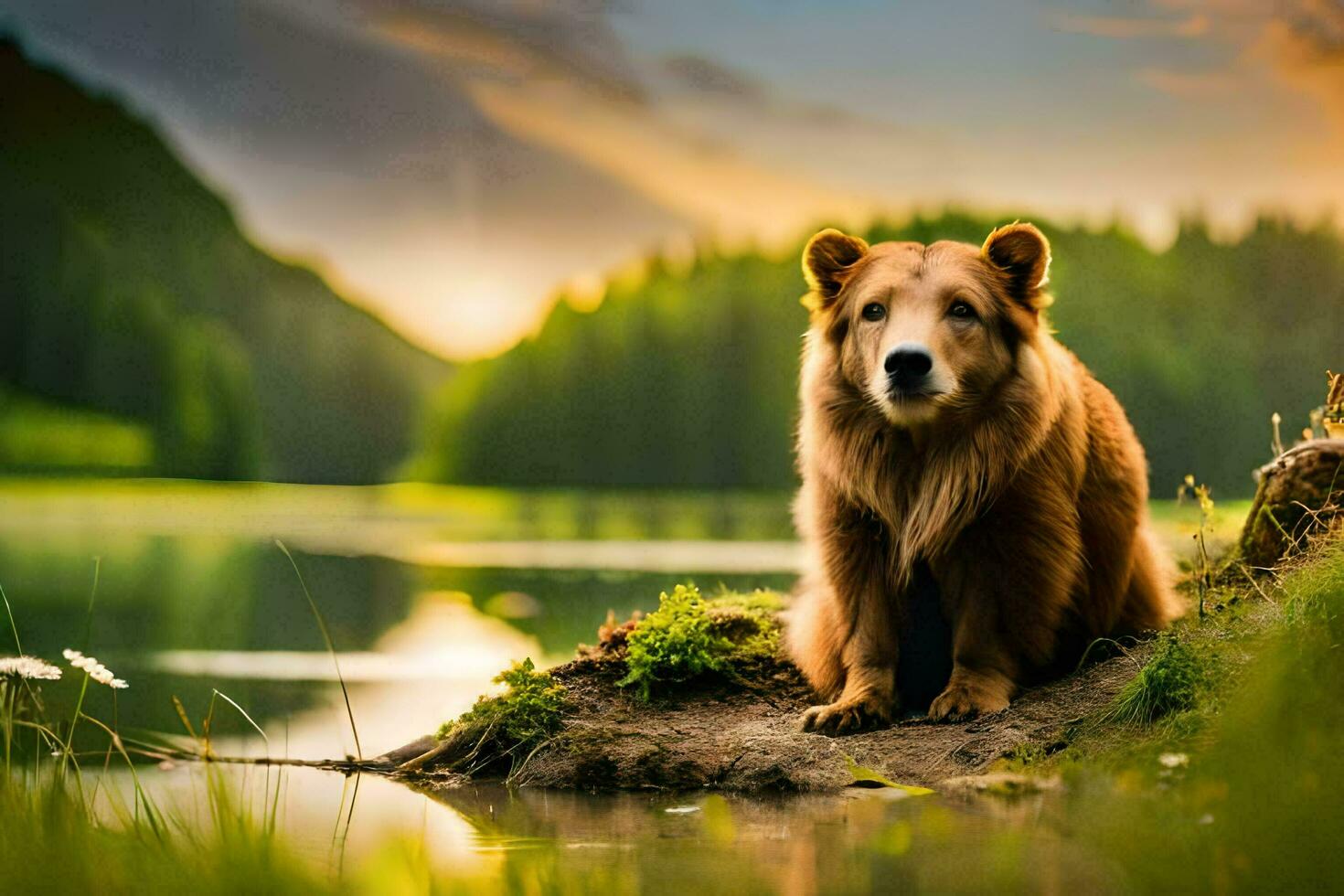 een bruin beer zittend Aan de rand van een meer. ai-gegenereerd foto