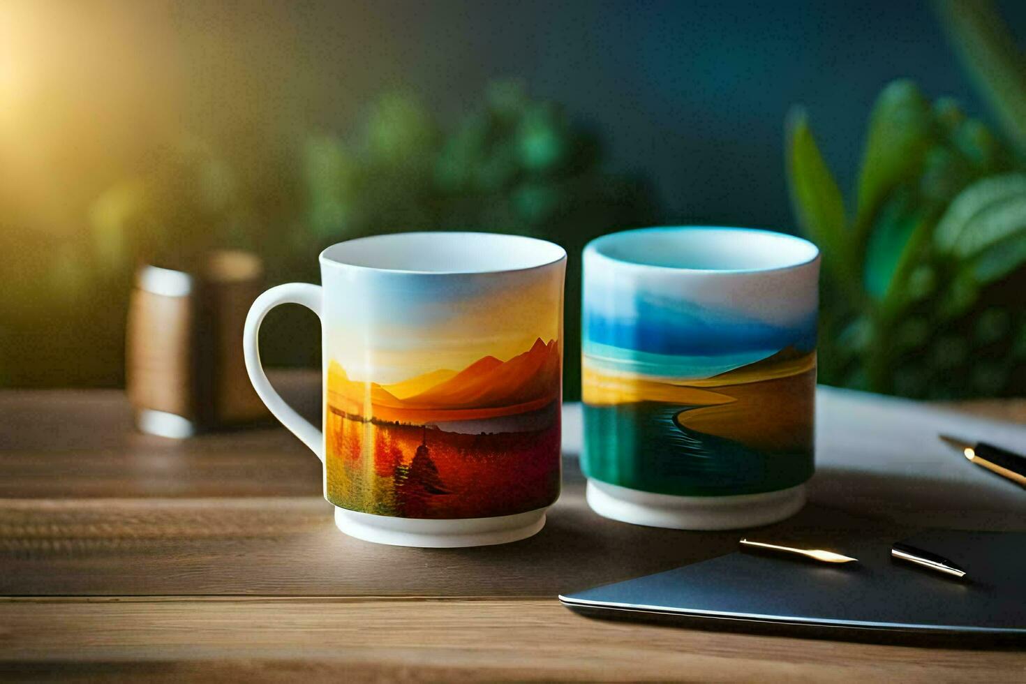 twee koffie mokken met een landschap tafereel Aan hen. ai-gegenereerd foto