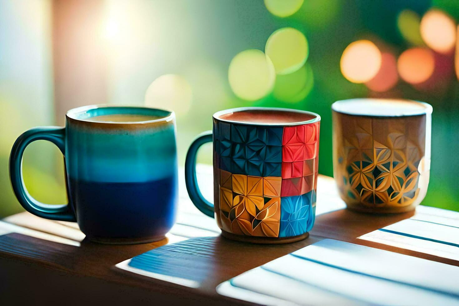 drie kleurrijk koffie mokken zitten Aan een tafel. ai-gegenereerd foto