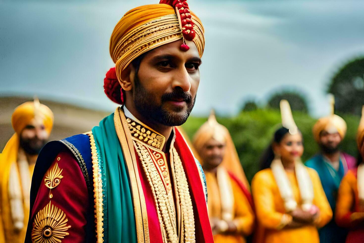 een Mens in traditioneel Indisch kleding met andere Heren. ai-gegenereerd foto