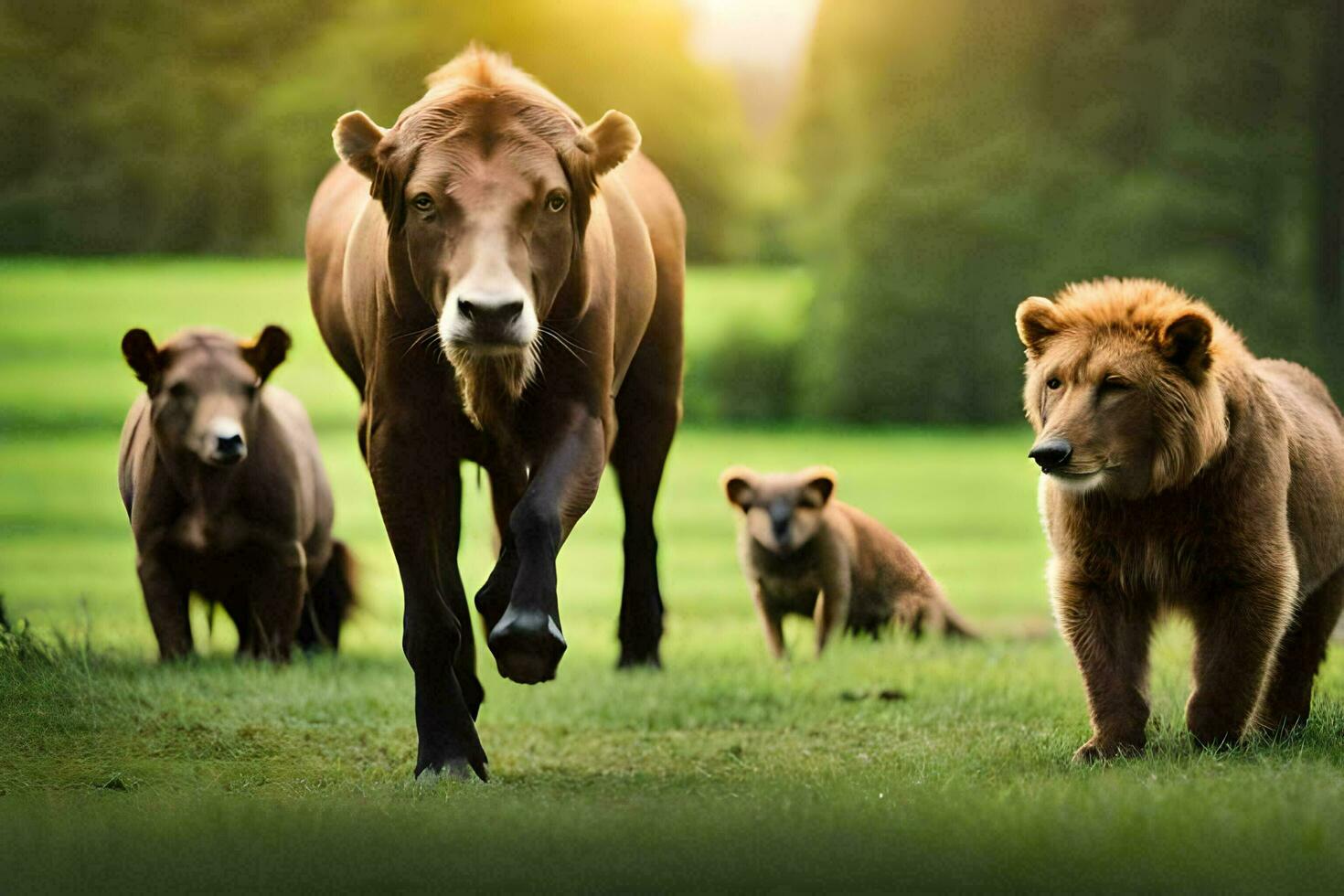 een groep van dieren wandelen in de gras. ai-gegenereerd foto