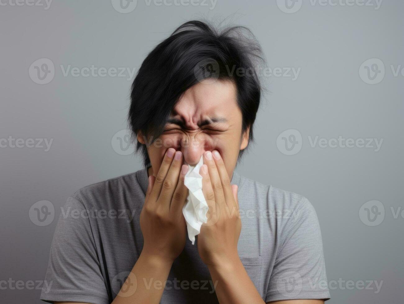 Aziatisch Mens is getoond lijden van verkoudheid met vloeibaar neus- Aan grijs achtergrond ai generatief foto