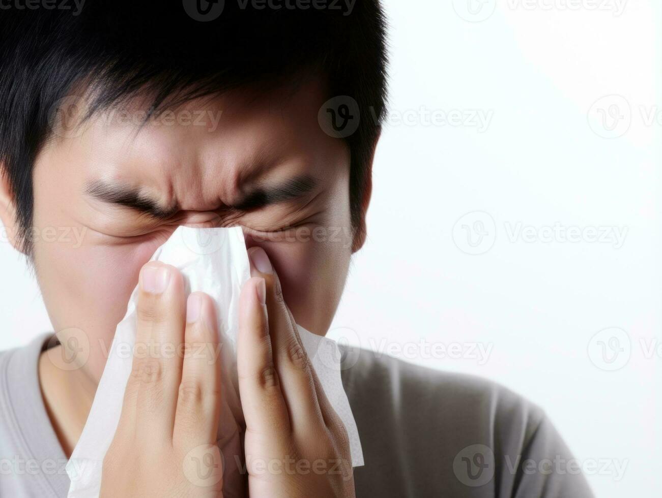 Aziatisch Mens is getoond lijden van verkoudheid met vloeibaar neus- Aan grijs achtergrond ai generatief foto