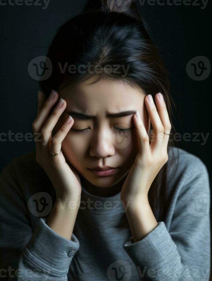 Aziatisch vrouw verschijnt naar worden in pijn van hoofdpijn ai generatief foto