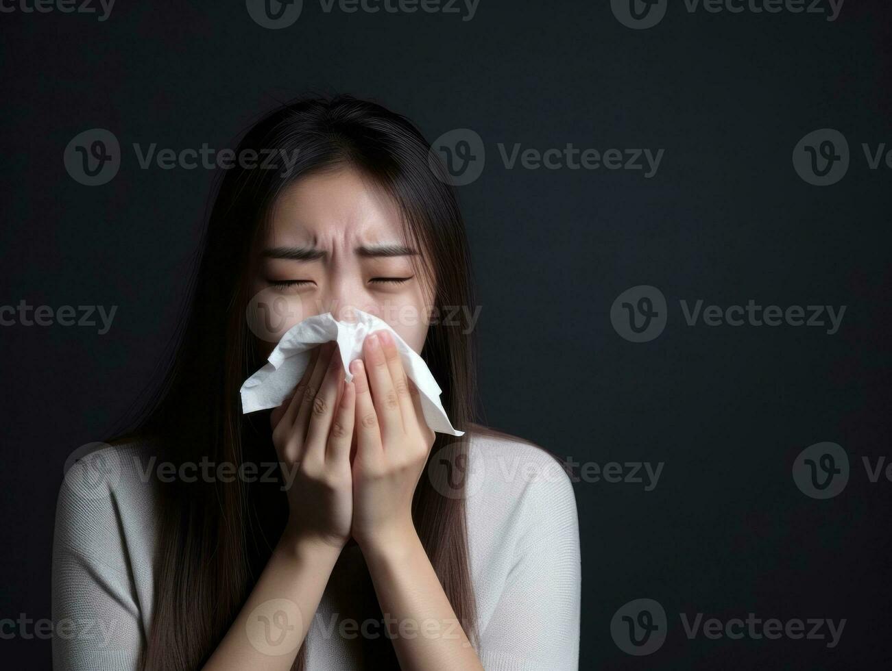 Aziatisch vrouw is getoond lijden van verkoudheid met vloeibaar neus- Aan grijs achtergrond ai generatief foto