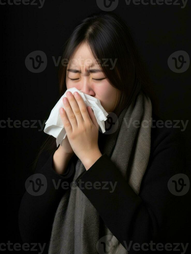 Aziatisch vrouw is getoond lijden van verkoudheid met vloeibaar neus- Aan grijs achtergrond ai generatief foto