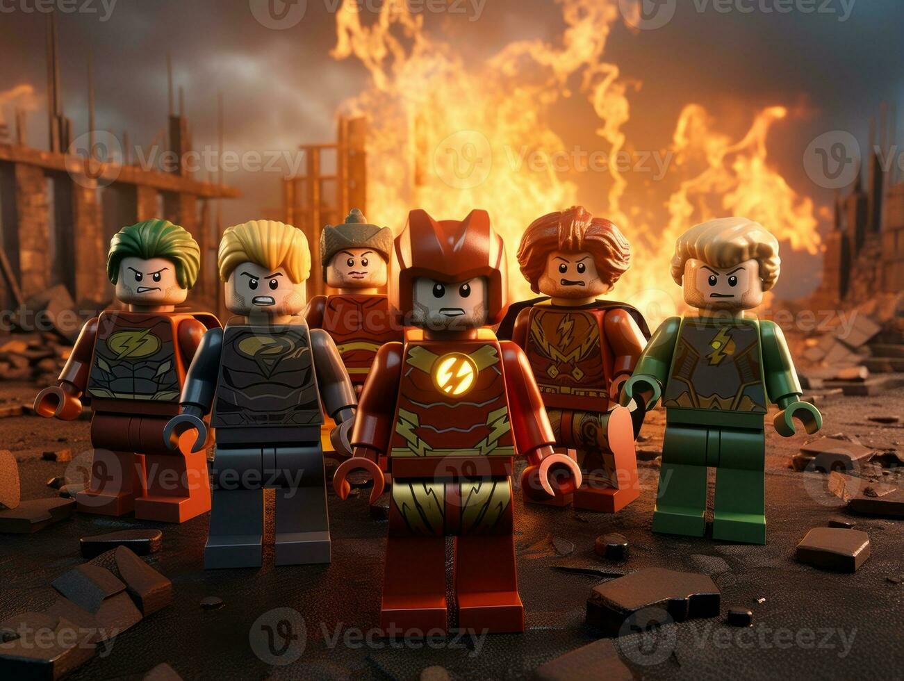 Lego heroes samenwerken omhoog naar opslaan de wereld ai generatief foto