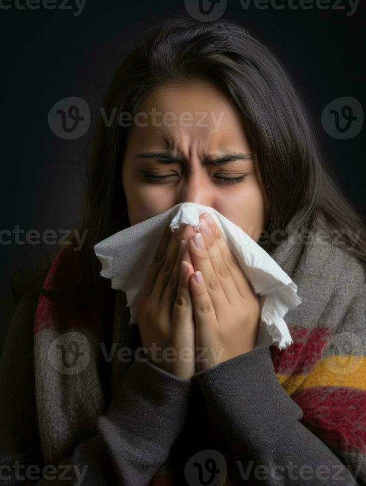 Mexicaans vrouw is getoond lijden van verkoudheid met vloeibaar neus- Aan grijs achtergrond ai generatief foto