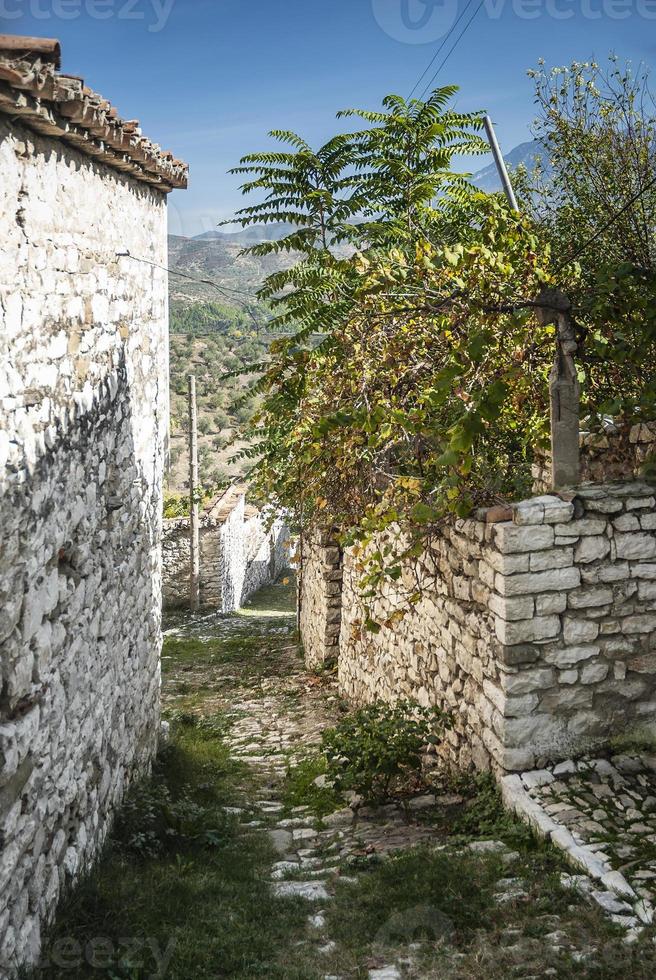 geplaveide straat in de oude stad van berat in albanië foto