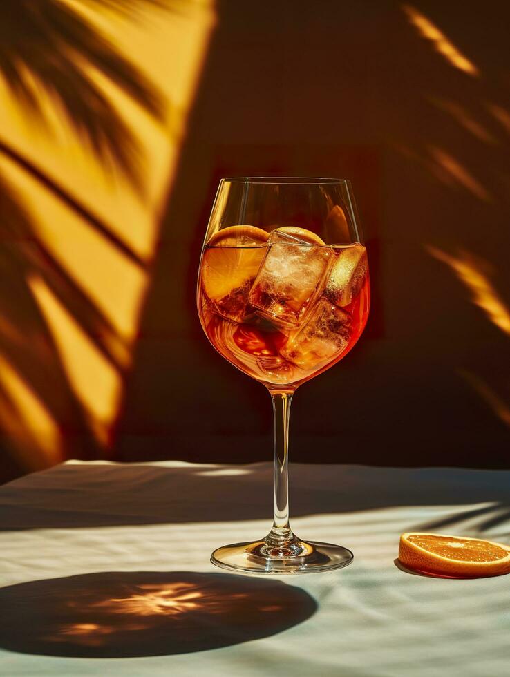 aperol spritz zomer drinken in glas met schaduwen, tropisch achtergrond. generatief ai foto