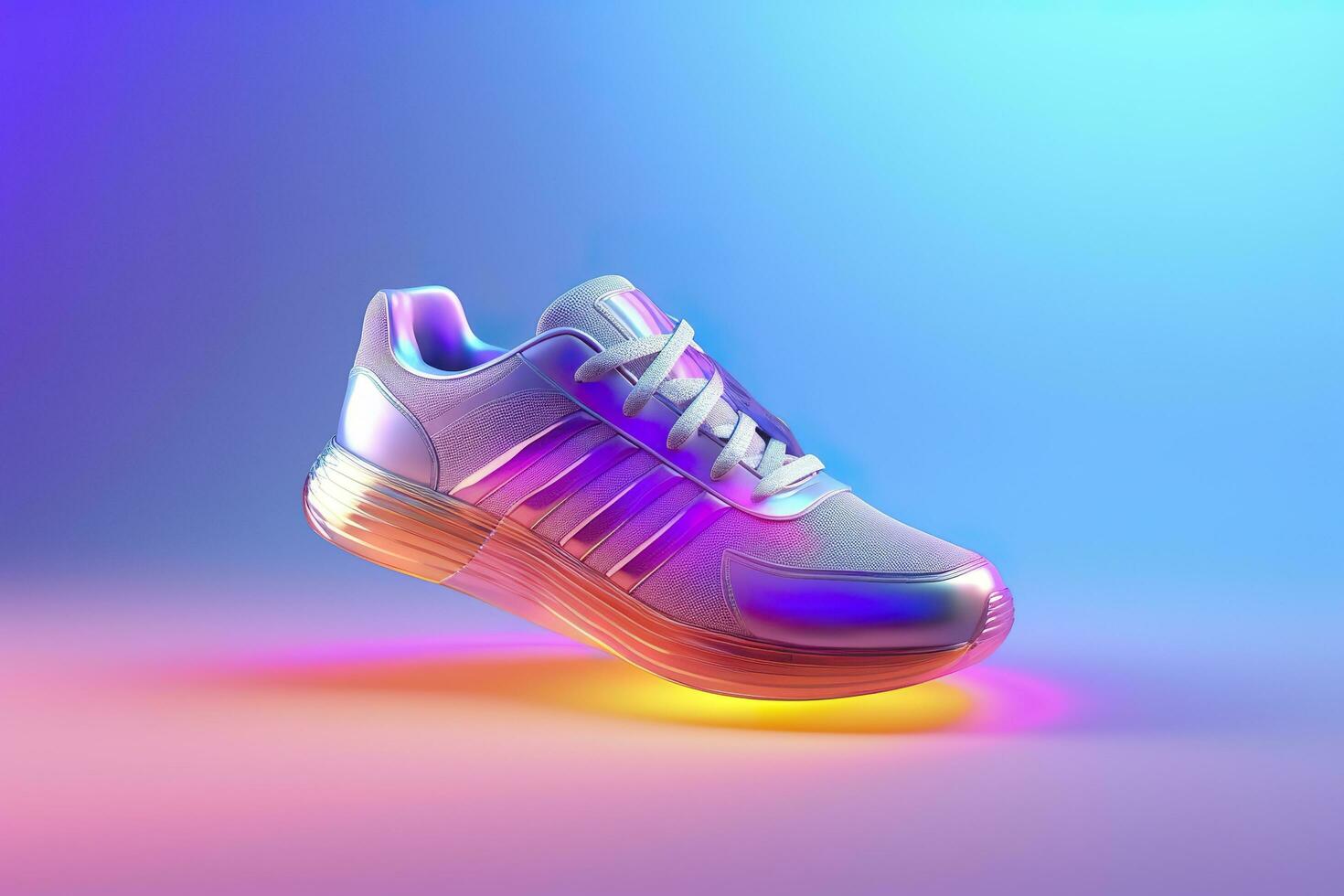 futuristische mode origineel sportschoenen. toekomst ontwerp van elegant sport- schoenen met neon gloed, futuristische stedelijk esthetiek. sportkleding, stijl en mode, morgen schoenen. ai generatief foto