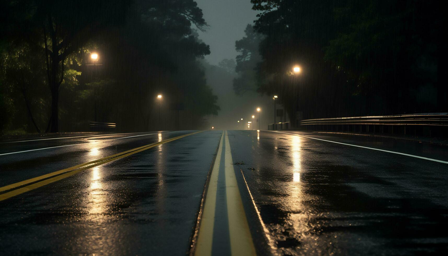 leeg snelweg Bij nacht na regen ai generatief foto