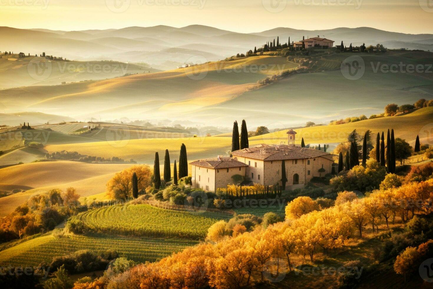 herfst- Frans Italiaans Spaans land landschap met heuvels bomen ver weg dorp. reclame hoger beroep. uitgebreid tekst ruimte. ai generatief foto