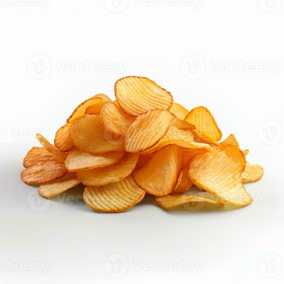 een stapel van aardappel chips Aan wit achtergrond. generatief ai foto