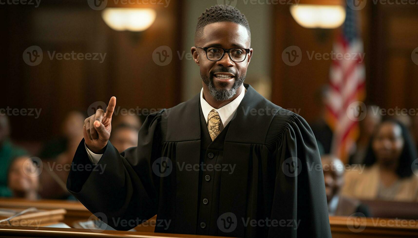 een mannetje advocaat staat vol vertrouwen in de rechtszaal, een portret vastleggen zijn professionaliteit en toewijding naar de wet. generatief ai. foto