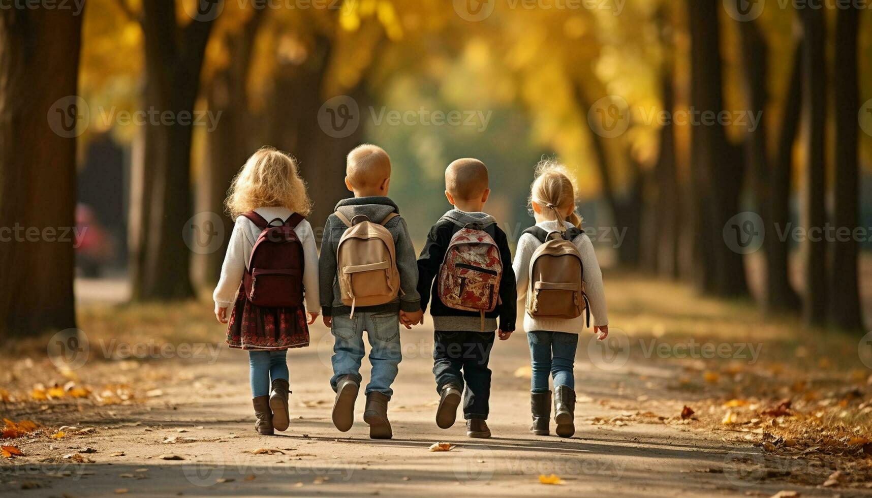 een groep van gelukkig jong studenten, inclusief een meisje, en jongen met een rugzak, wandelen naar school- samen, chatten en lachend net zo ze genieten hun vriendschap en de opwinding van aan het leren. generatief ai foto