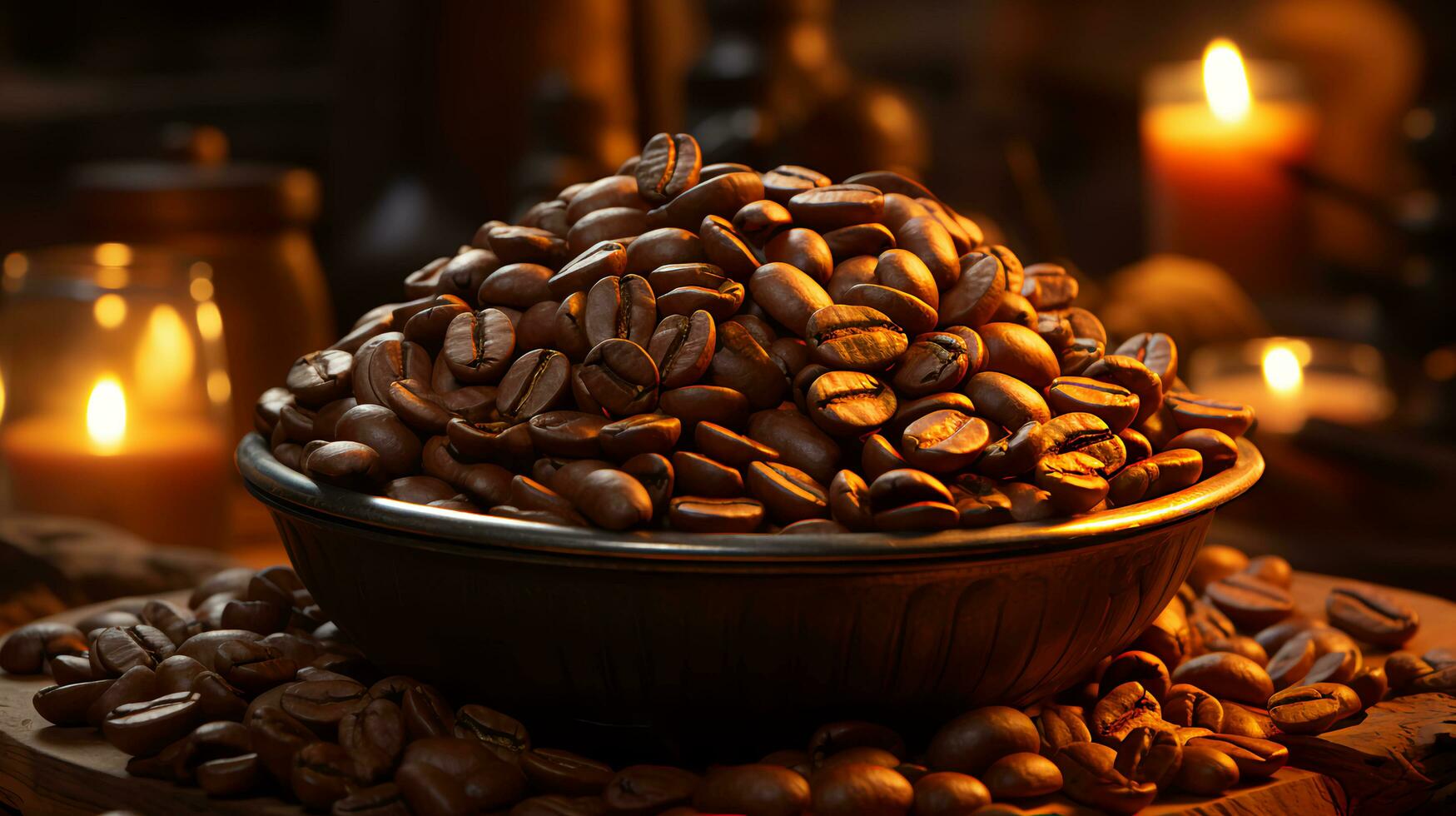 ai-gegenereerd kom van geroosterd aromatisch robusta arabica koffie bonen foto