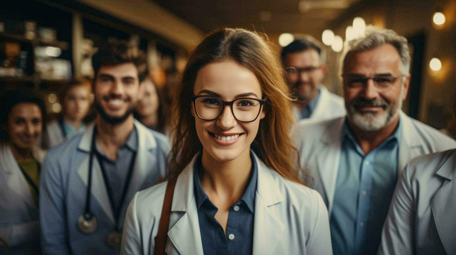ai-gegenereerd team van medisch arbeiders artsen glimlachen in ziekenhuis, geneeskunde en gezondheidszorg concept foto