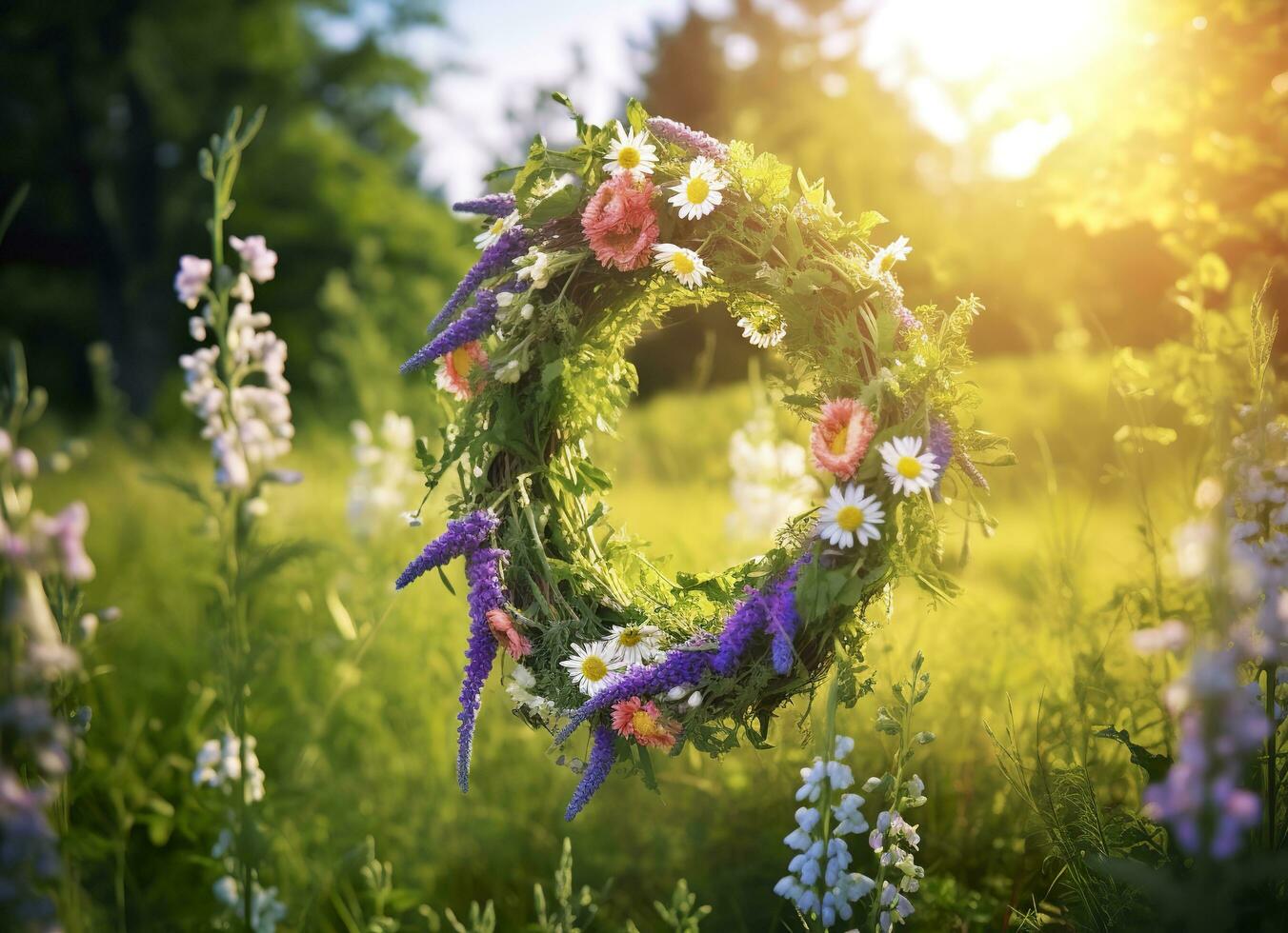 rustiek wilde bloemen krans Aan een zonnig weide. zomer zonnestilstand dag, midzomer concept. generatief ai foto